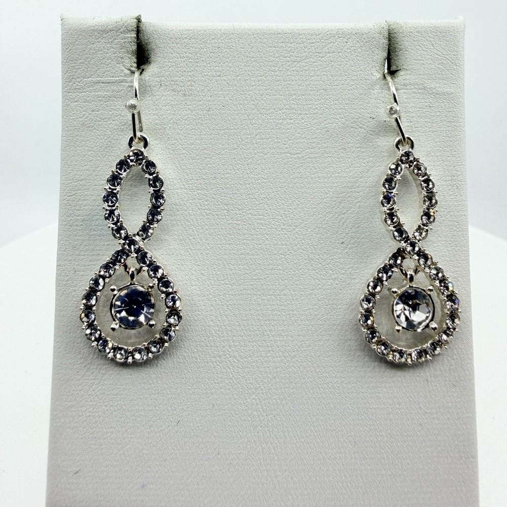 VTG Y2K Silver Tone Rhinestone Teardrop Dangle Earrings Clear Crystal
